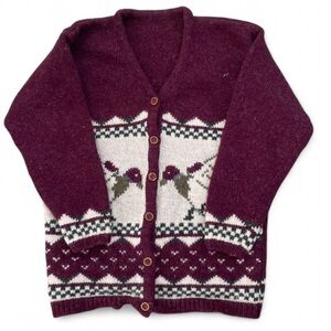 Women's Maroon Bird Pattern Button-Up Cardigan Sweater 100% wool